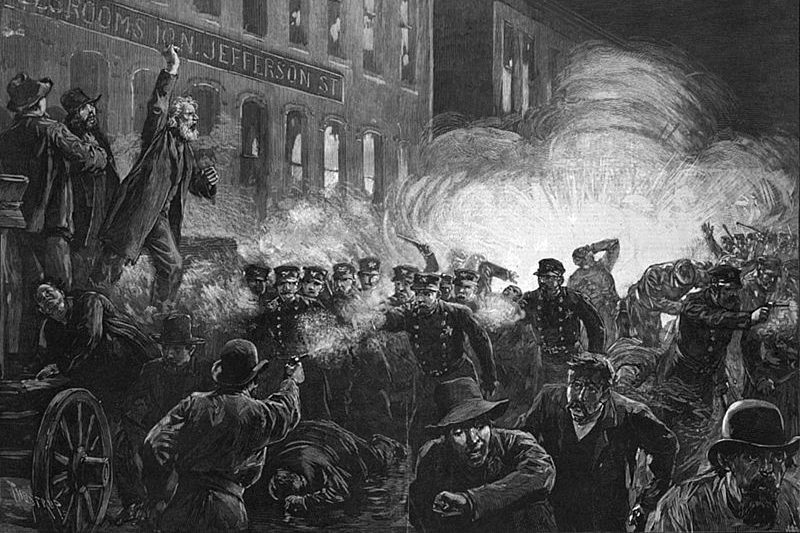 An engraving of the Haymarket affair, depicting the pastor Samuel fielding and an explosion in the background