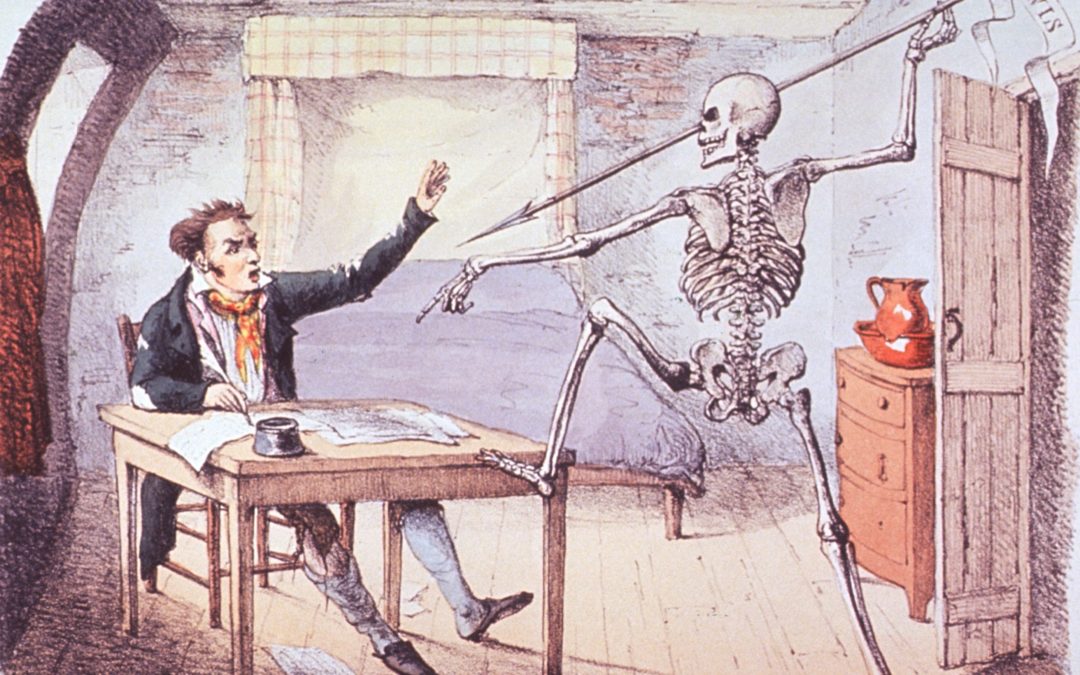 Personified death, looking like a skeleton, threatening to stab an author, sitting on his desk, with a spear.