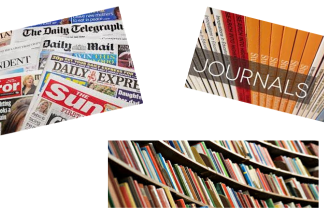 Three images: A collection of different newspapers, a variety of journals, a shelf full of books