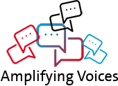 Three speech bubbles in different colours (red, black and blue) surround a larger speech bubble which has a blue to red colour gradient, underneath the speech bubbles it says 'Amplifying Voices'