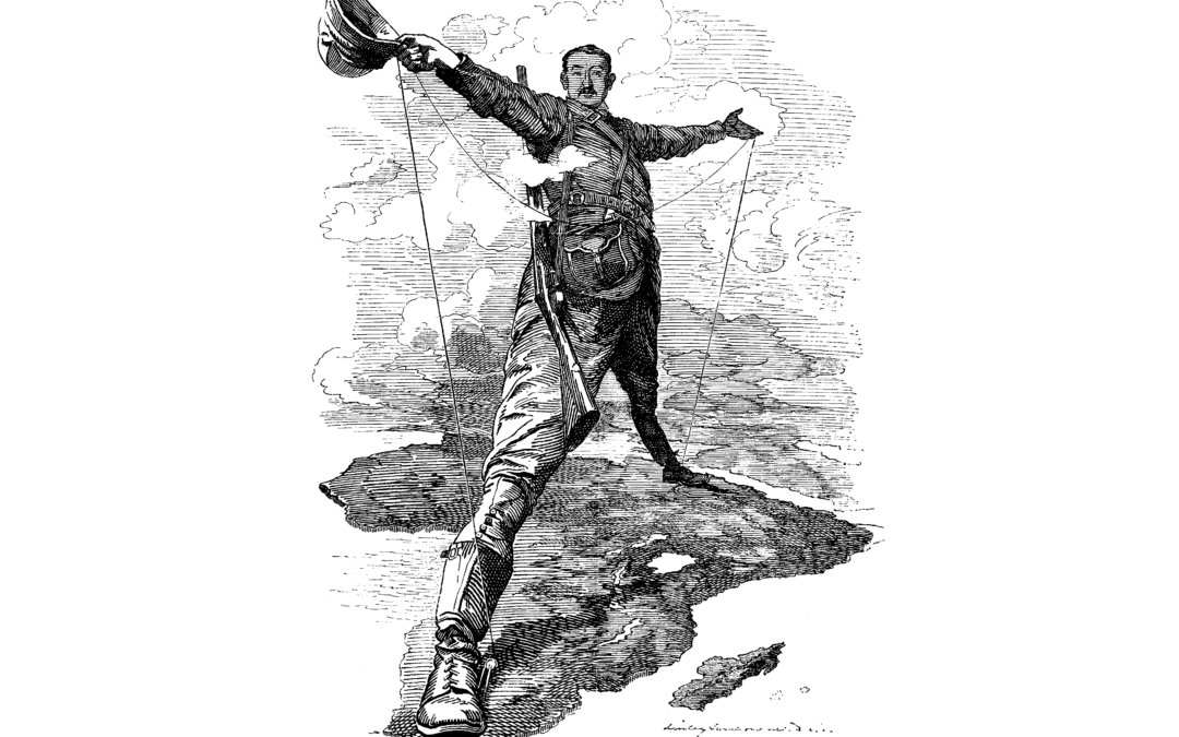 The Rhodes Colossus: Caricature of Cecil John Rhodes, after he announced plans for a telegraph line and railroad from Cape Town to Cairo.