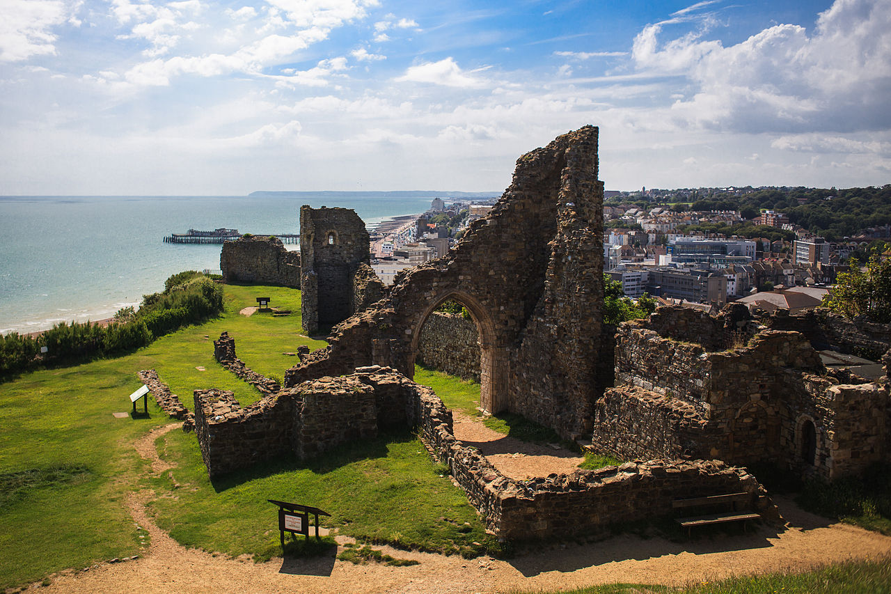 The remnants of Hastings Castle with the town in the Background