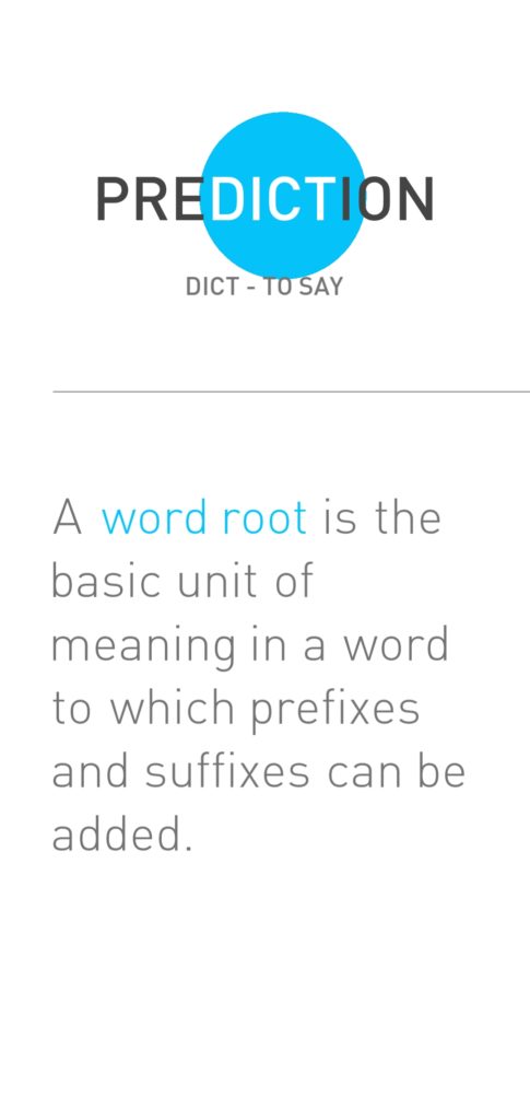 Prediction | Dict - to say | A word root is the basic unit of meaning in a word to which prefixes and suffixes can be added.