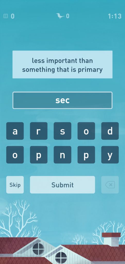 A screenshot from a learning app: "less important than something that is primary" | sec