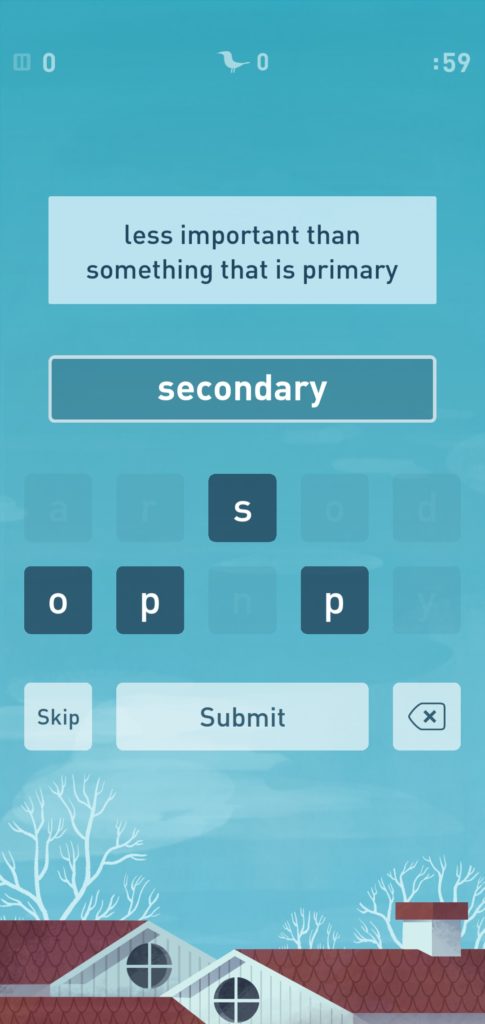 A screenshot from a learning app: "less important than something that is primary" | secondary